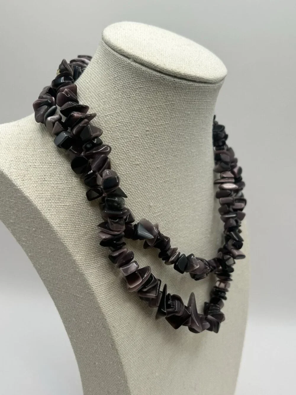 Purple Cat’s Eye Glass Chip Necklace Long 32” Boho Statement Vintage Jewelry